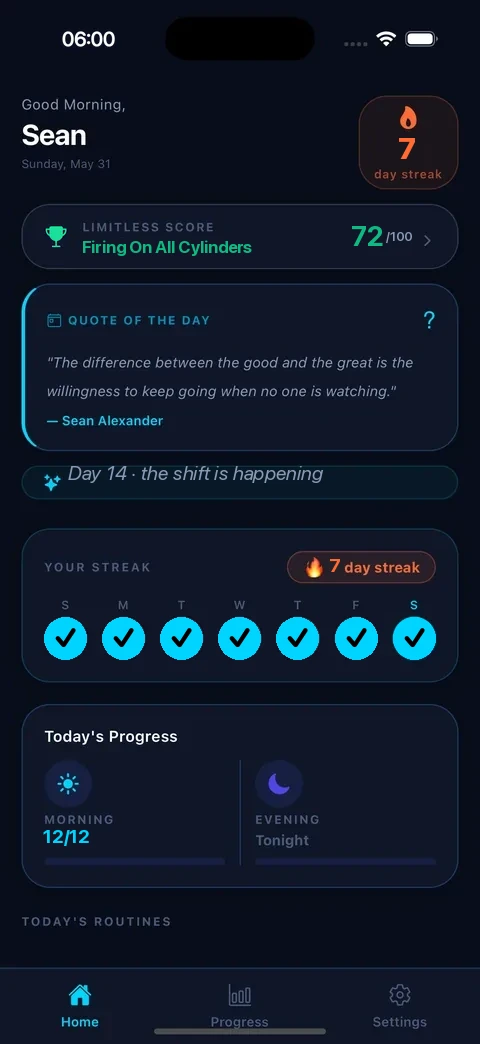 Limitless home screen showing today's routine and Limitless Score